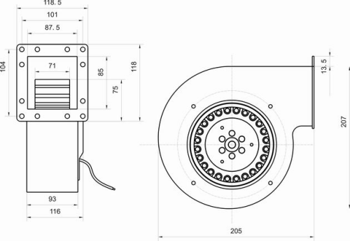 单进风前倾式蜗壳离心风机YWFF150外形尺寸图